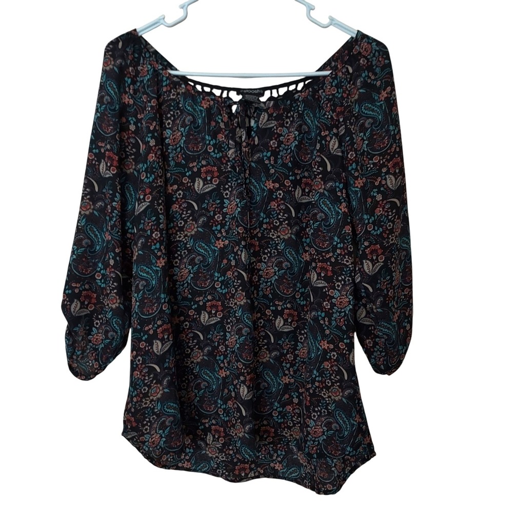 Black Paisley Crochet Lace Back 3/4 Sleeve Blouse Whimsigoth Festival Hippie XL